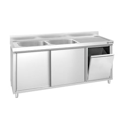 Zlew ze szafką ze stali nierdzewnej PREMIUM – 1800 x 600 mm – z koszem na śmieci i 2 zlewami po lewej stronie
