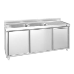 Zlew ze szafką ze stali nierdzewnej PREMIUM – 1800 x 600 mm – z koszem na śmieci i 2 zlewami po lewej stronie