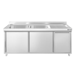 Zlew ze szafką ze stali nierdzewnej PREMIUM – 1800 x 600 mm – z koszem na śmieci i 2 zlewami po lewej stronie