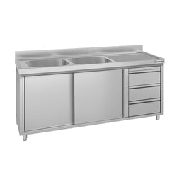 Szafka zlewozmywakowa ECO – 1800 x 700 mm – z 3 szufladami i 2 zlewami po lewej stronie