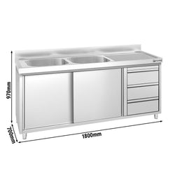 Szafka zlewozmywakowa PREMIUM – 1800 x 700 mm – z 3 szufladami i 2 zlewami po lewej stronie