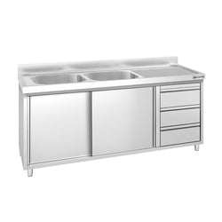 Szafka zlewozmywakowa PREMIUM – 1800 x 700 mm – z 3 szufladami i 2 zlewami po lewej stronie