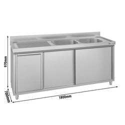 Zlew ze szafką ze stali nierdzewnej ECO – 1800 x 700 mm – z koszem na śmieci i 2 zlewami po prawej stronie