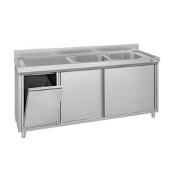 Zlew ze szafką ze stali nierdzewnej ECO – 1800 x 600 mm – z koszem na śmieci i 2 zlewami po prawej stronie