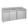 Zlew ze szafką ze stali nierdzewnej ECO – 1800 x 600 mm – z koszem na śmieci i 2 zlewami po prawej stronie