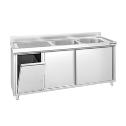 Zlew ze szafką ze stali nierdzewnej PREMIUM – 1800 x 700 mm – z koszem na śmieci i 2 zlewami po prawej stronie