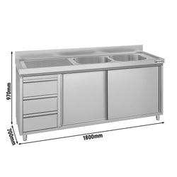 Szafka zlewozmywakowa ECO – 1800 x 700 mm – z 3 szufladami i 2 zlewami po prawej stronie
