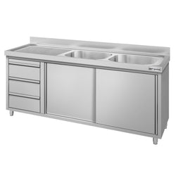 Szafka zlewozmywakowa ECO – 1800 x 600 mm – z 3 szufladami i 2 zlewami po prawej stronie