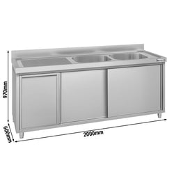 Zlew ze szafką ze stali nierdzewnej ECO – 2000 x 600 mm – z koszem na śmieci i 2 zlewami po prawej stronie