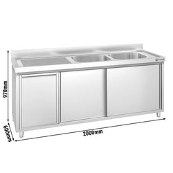 Zlew ze szafką ze stali nierdzewnej PREMIUM – 2000 x 600 mm – z koszem na śmieci i 2 zlewami po prawej stronie