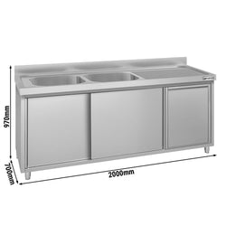Zlew ze szafką ze stali nierdzewnej ECO – 2000 x 700 mm – z koszem na śmieci i 2 zlewami po lewej stronie