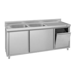 Zlew ze szafką ze stali nierdzewnej ECO – 2000 x 700 mm – z koszem na śmieci i 2 zlewami po lewej stronie