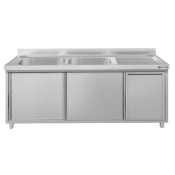 Zlew ze szafką ze stali nierdzewnej ECO – 2000 x 700 mm – z koszem na śmieci i 2 zlewami po lewej stronie