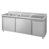 Zlew ze szafką ze stali nierdzewnej ECO – 2000 x 700 mm – z koszem na śmieci i 2 zlewami po lewej stronie