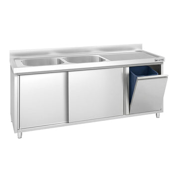 Szafka zlewozmywakowa PREMIUM – 2000 x 700 mm – z koszem na śmieci i 2 zlewami po lewej stronie