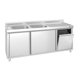 Zlew ze szafką ze stali nierdzewnej PREMIUM – 2000 x 600 mm – z koszem na śmieci i 2 zlewami po lewej stronie