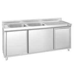 Zlew ze szafką ze stali nierdzewnej PREMIUM – 2000 x 600 mm – z koszem na śmieci i 2 zlewami po lewej stronie