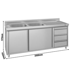 Szafka zlewozmywakowa ECO – 2000 x 700 mm – z 3 szufladami i 2 zlewami po lewej stronie