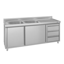 Szafka zlewozmywakowa ECO – 2000 x 700 mm – z 3 szufladami i 2 zlewami po lewej stronie