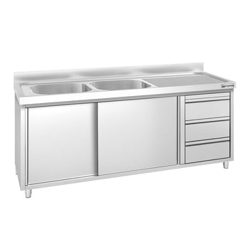 Szafka zlewozmywakowa PREMIUM – 2000 x 700 mm – z 3 szufladami i 2 zlewami po lewej stronie