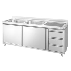 Szafka zlewozmywakowa PREMIUM – 2000 x 700 mm – z 3 szufladami i 2 zlewami po lewej stronie