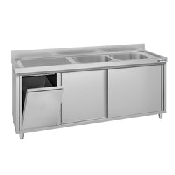 Zlew ze szafką ze stali nierdzewnej ECO – 2000 x 600 mm – z koszem na śmieci i 2 zlewami po prawej stronie