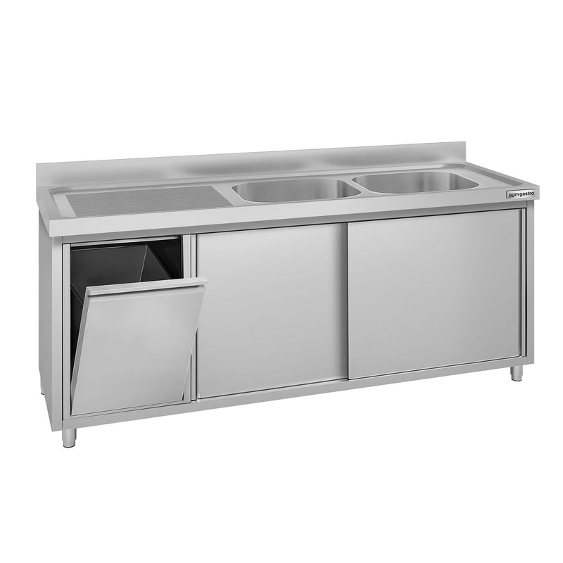 Zlew ze szafką ze stali nierdzewnej ECO – 2000 x 600 mm – z koszem na śmieci i 2 zlewami po prawej stronie