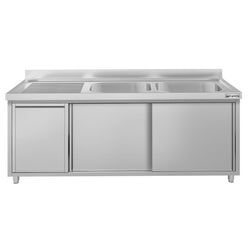 Zlew ze szafką ze stali nierdzewnej ECO – 2000 x 700 mm – z koszem na śmieci i 2 zlewami po prawej stronie