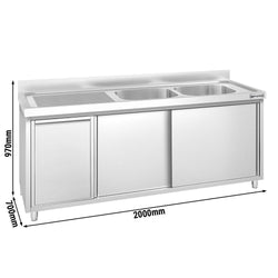 Zlew ze szafką ze stali nierdzewnej PREMIUM – 2000 x 700 mm – z koszem na śmieci i 2 zlewami po prawej stronie