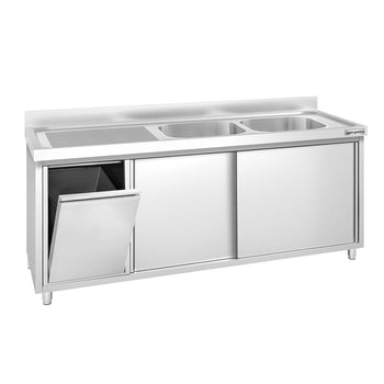 Zlew ze szafką ze stali nierdzewnej PREMIUM – 2000 x 600 mm – z koszem na śmieci i 2 zlewami po prawej stronie