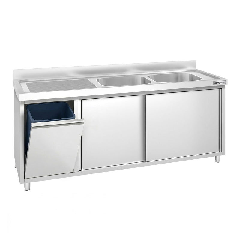 Szafka zlewozmywakowa PREMIUM – 2000 x 700 mm – z koszem na śmieci i 2 zlewami po prawej stronie