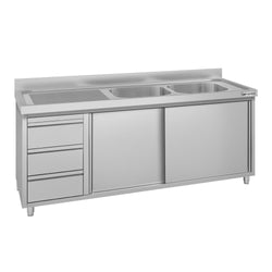 Szafka zlewozmywakowa ECO – 2000 x 600 mm – z 3 szufladami i 2 zlewami po prawej stronie