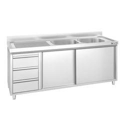 Szafka zlewozmywakowa PREMIUM – 2000 x 700 mm – z 3 szufladami i 2 zlewami po prawej stronie