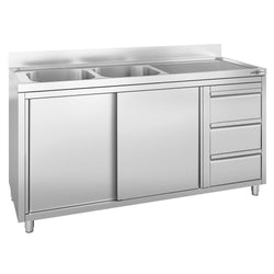Zlew ze szafką ze stali nierdzewnej PREMIUM  - 2000x600mm - z 3 szufladami & 2 zlewami po lewej stronie