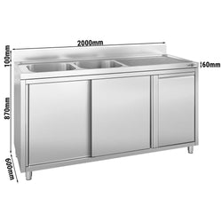 Zlew ze szafką ze stali nierdzewne - 2000x600 mm - z pojemnikiem do odpady & 2 zlewami po lewej stronie
