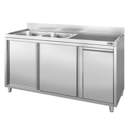 Zlew ze szafką ze stali nierdzewne - 2000x600 mm - z pojemnikiem do odpady & 2 zlewami po lewej stronie