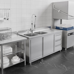 Zlew ze szafką ze stali nierdzewnej PREMIUM  - 2000x600mm - z 3 szufladami & 2 zlewami po lewej stronie