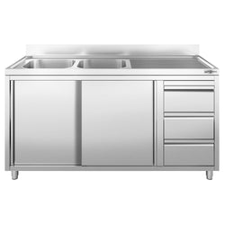 Zlew ze szafką ze stali nierdzewnej PREMIUM  - 2000x600mm - z 3 szufladami & 2 zlewami po lewej stronie