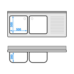 Szafka zlewozmywakowa ECO – 1600 x 700 mm – z 3 szufladami i 2 zlewami po lewej stronie