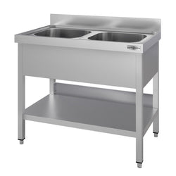 Stół ze zlewem ECO - 1000x600x970mm - z półką - 2-komorowy komory pośrodku