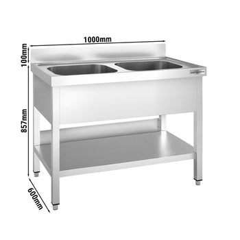 Stół zlewozmywakowy PREMIUM - 1000x600 mm - z półką dolną & 2 zlewami w środku - Prime Gastro