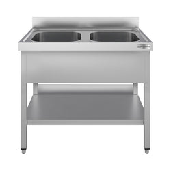Stół ze zlewem ECO - 1200x600x970mm - z półką - 2-komorowy komory pośrodku skręcany