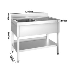 Stół ze zlewem PREMIUM - 1200x700x970mm - z półką - 1-komorowy komora po lewej stronie