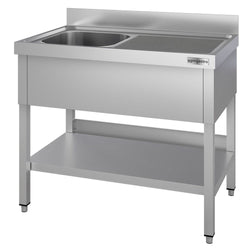 Stainless Steel Commercial Sink Unit ECO - 1200x700mm - with Single Bowl Left-hand - with Undershelf - with Upstand