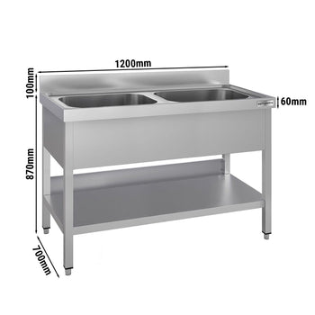 Stół zlewozmywakowy ECO - 1200x700 mm - z półką dolną & 2 zlewami w środku - Prime Gastro