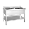 Stół zlewozmywakowy PREMIUM – stal nierdzewna – 1200 x 700 mm – z półką dolną – ze zlewem 2-komorowym pośrodku – z rantem