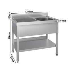 Stół ze zlewem ECO - 1200x700x970mm - z półką - 1-komorowy komora po prawej stronie