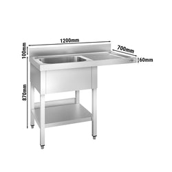 Stół zlewozmywakowy dla zmywarki do naczyń - 1200x700 mm - z 1 zlewem po lewej stronie
