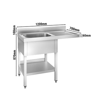 Stół zlewozmywakowy dla zmywarki do naczyń - 1200x700 mm - z 1 zlewem po lewej stronie