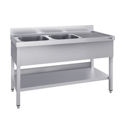 Stainless Steel Commercial Sink Unit ECO - 1400x600mm - with Double Bowl Left-hand - with Undershelf - with Upstand